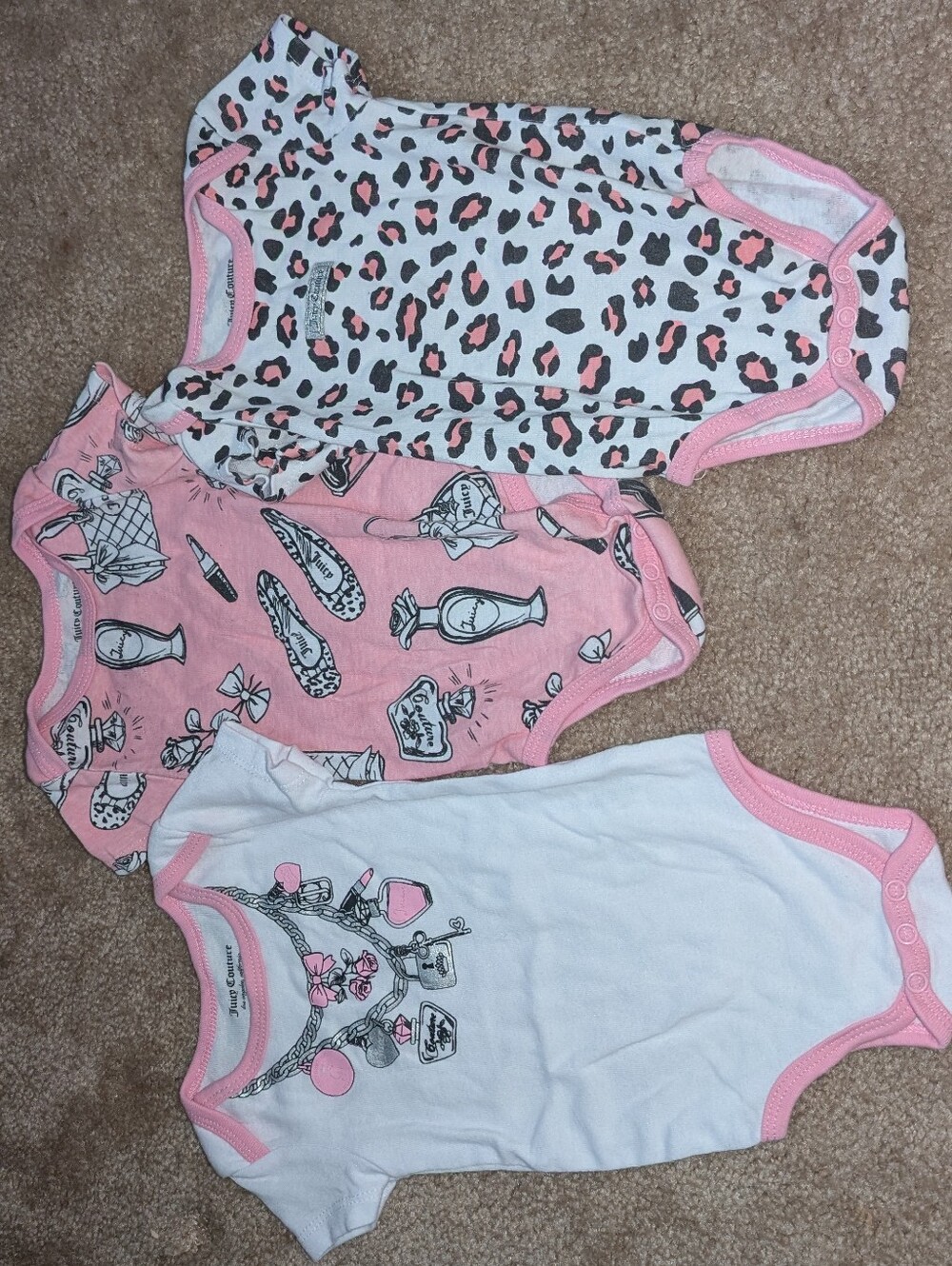 Juicy Couture Pink & White 3-Pack Baby Bodysuits with Fashion Prints